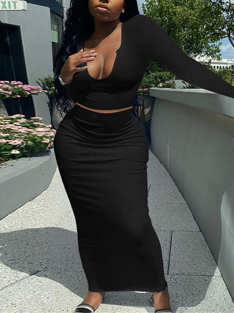Two Piece Long Sleeve Rib Crop Top Bodycon Maxi Skirt