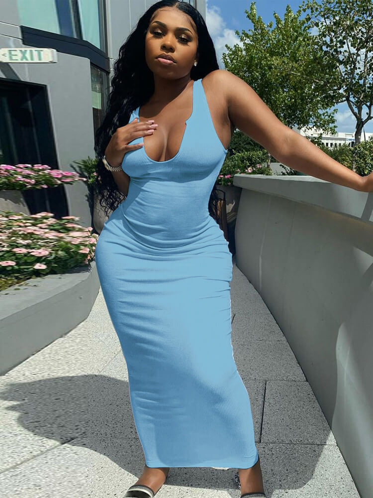 Solid Color Sleeveless Racerback Rib Bodycon Maxi Dress