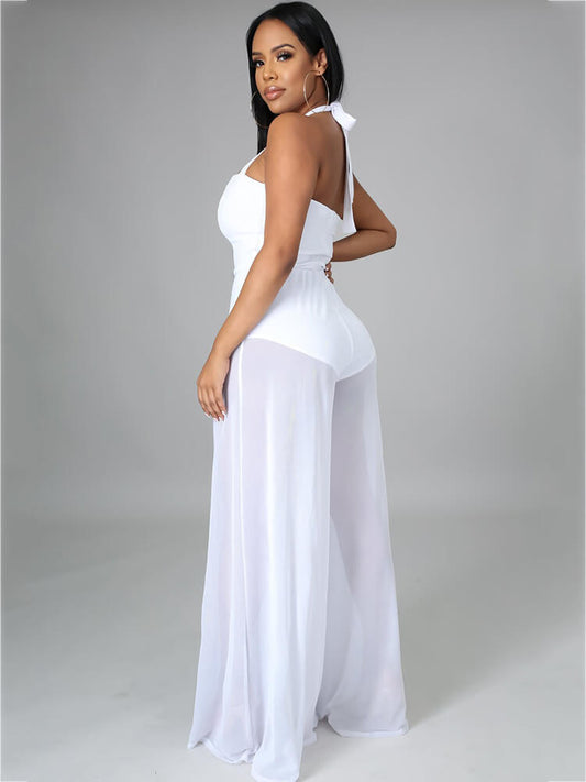 Halter Neck Strap Sheer Mesh Wide Leg Jumpsuit