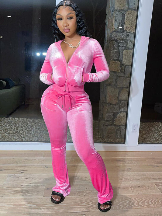 Velour Two Pieces Full Zipper Hooded Tracksuits with Pockets