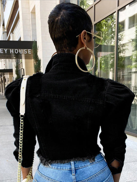 Vintage Button Cropped Destroyed Denim Coat