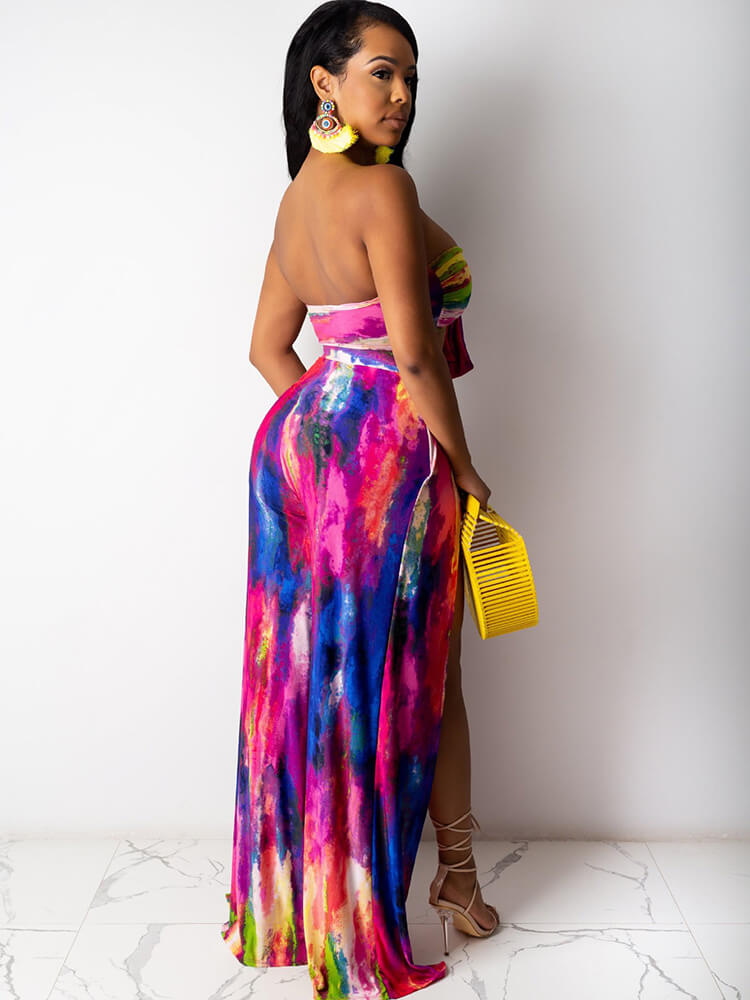 2 Piece Tie Dyed Strapless Bra Top Side Split Pants Set