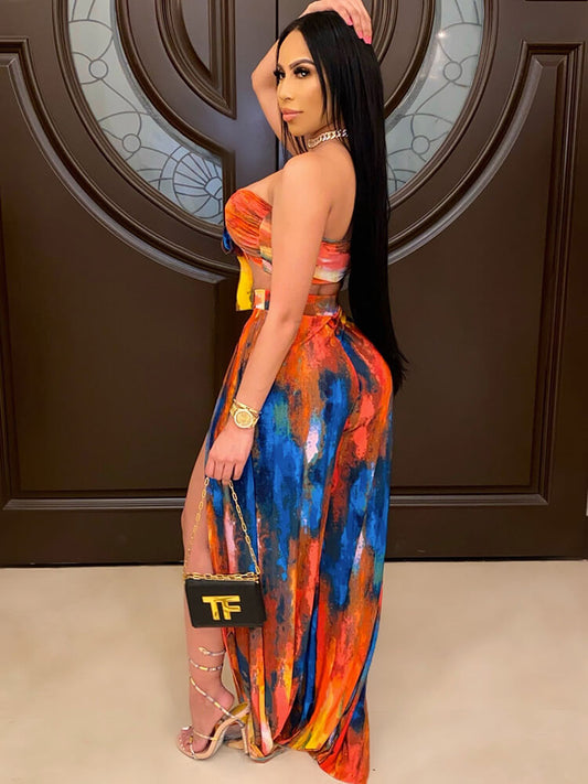 Conjuntos de 2 piezas de sujetador sin tirantes teñido anudado + pantalones con abertura lateral