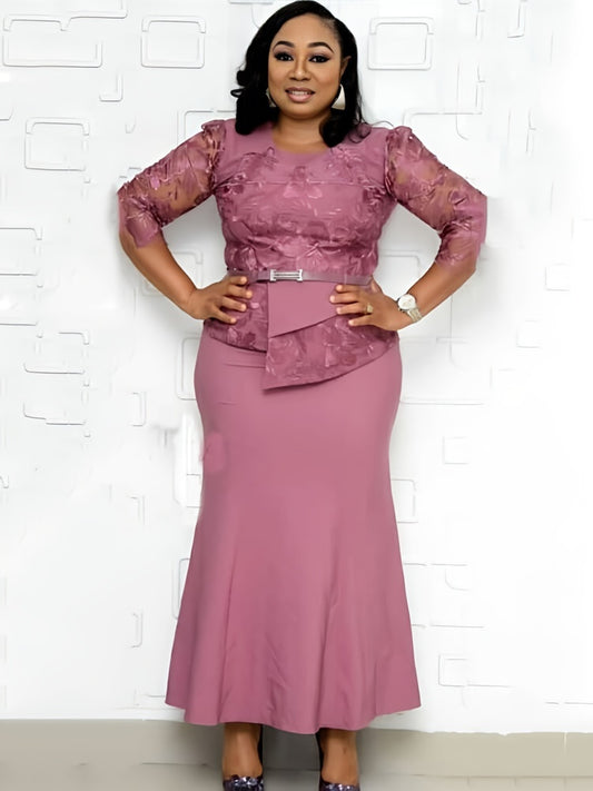 Plus Size Asymmetrical Mesh Lace Patchwork Long Dress