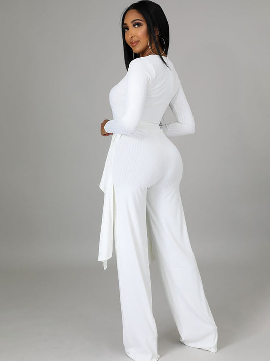 Two Pieces Irregular Lace Up V Neck Top Long Pants