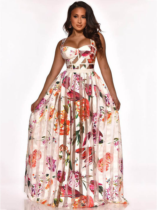 Elegant Mesh Patchwork Floral Print Beach Dress