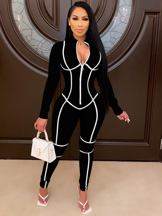 One Piece Long Sleeve Zipper Bodycon Jumpsuit