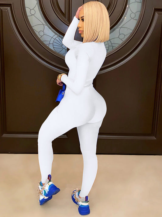 One Piece Front Zipper Solid Color Bodycon Jumpsuit