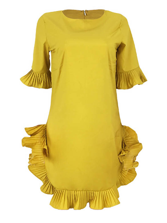 Cute Bell Sleeve Ruffle Hem Swing Tunic Mini Dress