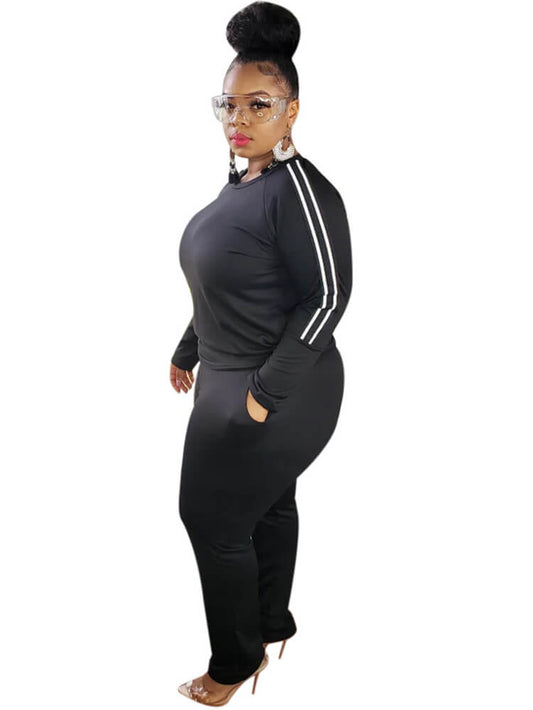 Plus Size Two Piece Stripe Long Sleeve Top Pants Set