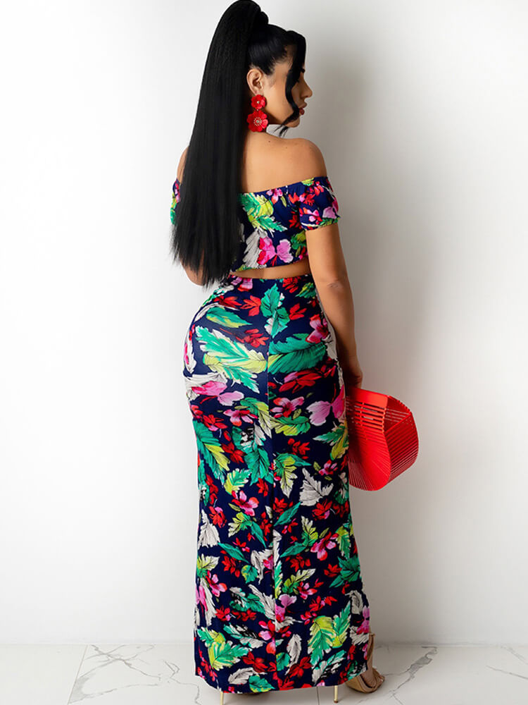 Conjuntos de falda y top corto con hombros descubiertos y flores de 2 piezas