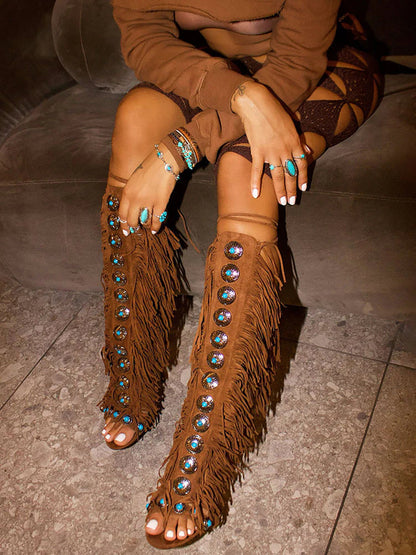 Boho Gemstone Lace-Up Fringe Heeled Sandals