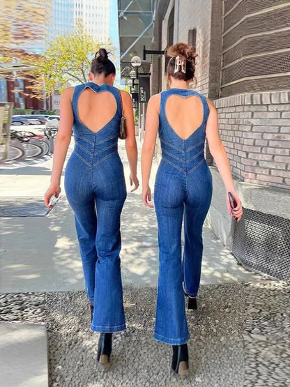 Sleeveless Zip Heart Cutout Denim Jumpsuit
