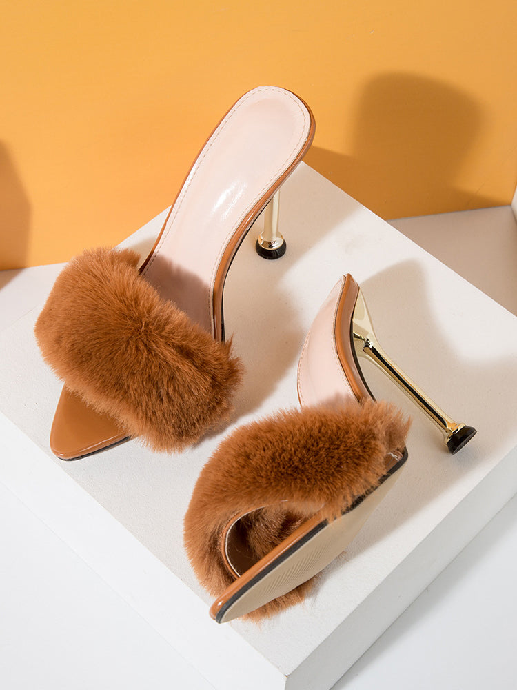 Faux Rabbit Fur Stiletto High Heel Sandals