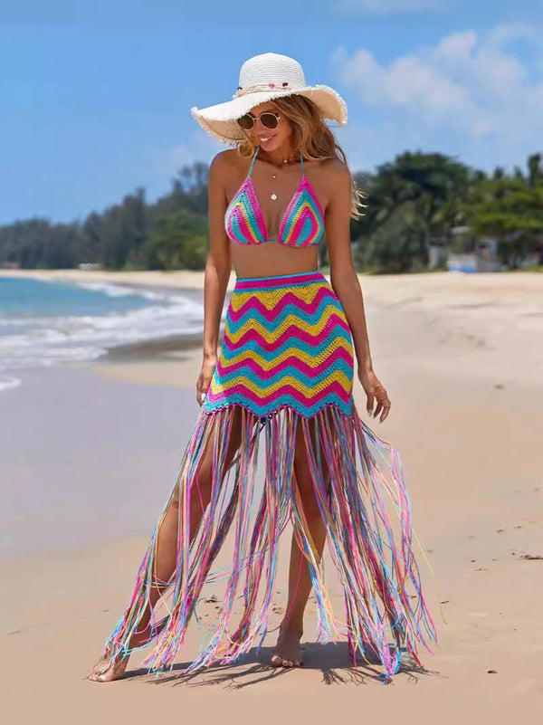 Two Piece Crochet Fishnet Bikini Top Maxi Skirt