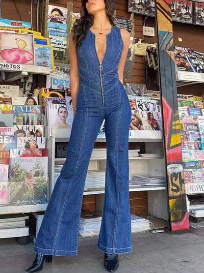 Sleeveless Zip Heart Cutout Denim Jumpsuit