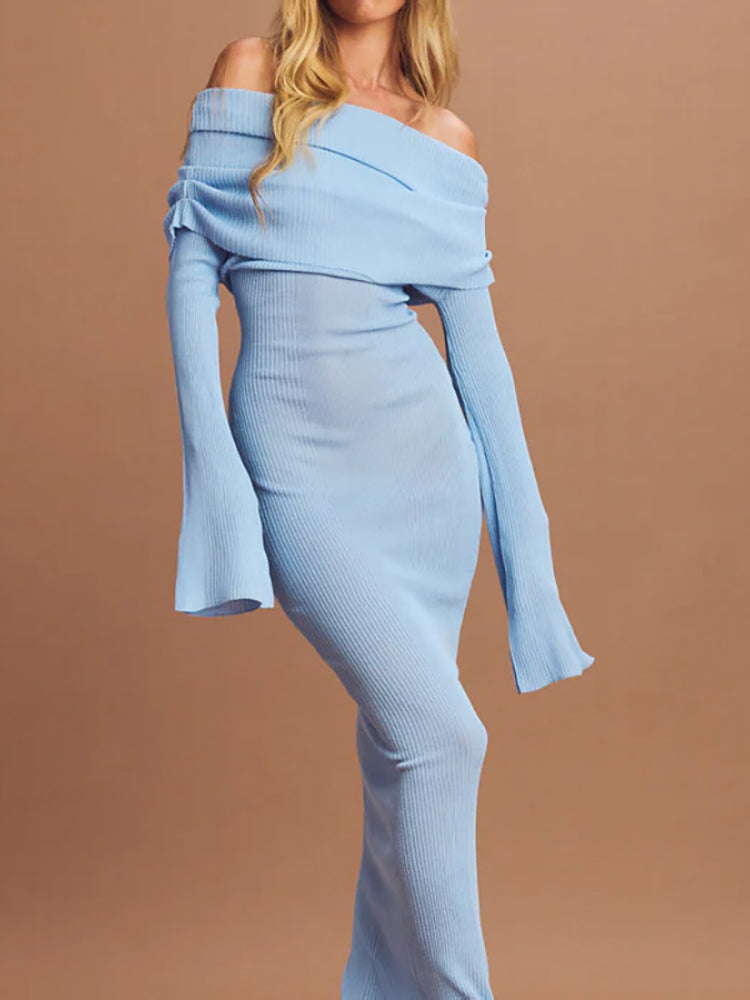 Off Shoulder Ribbed Knit Maxi Dress
