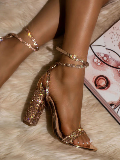 Rhinestone Ankle Strap Block Heel Sandals