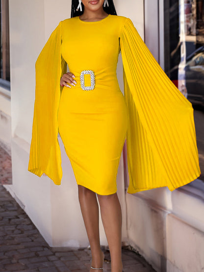 Pleated Cape Sleeve Midi Dress