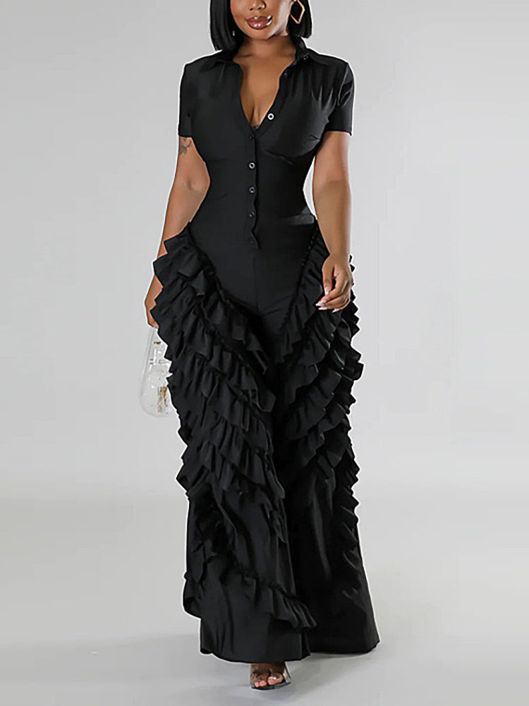 Two Pieces Short Sleeve Ruffle Trim Jumpsuit