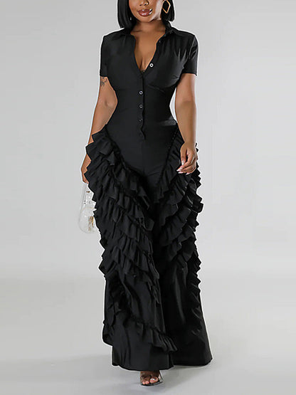 Two Pieces Short Sleeve Ruffle Trim Jumpsuit