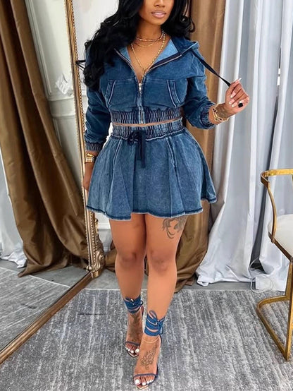 Two Piece Denim Zip Up Jacket Skirt Sets