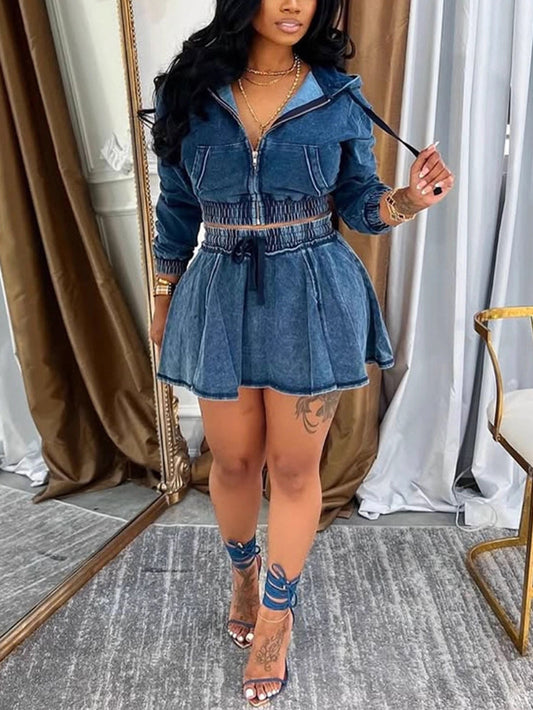 Two Piece Denim Zip Up Jacket Skirt Sets