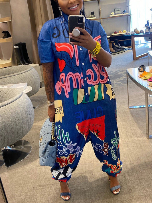 Graffiti Print Button Wide Leg Jumpsuit