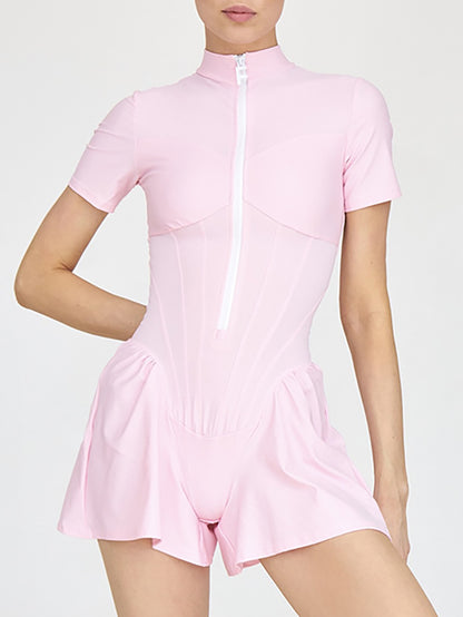 Short Sleeve Zip Front Rompers