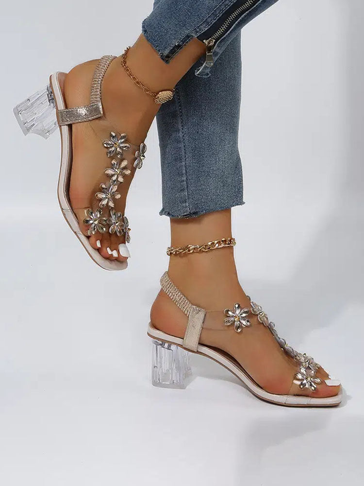 Rhinestone Patchwork Chunky Open Toe Heel