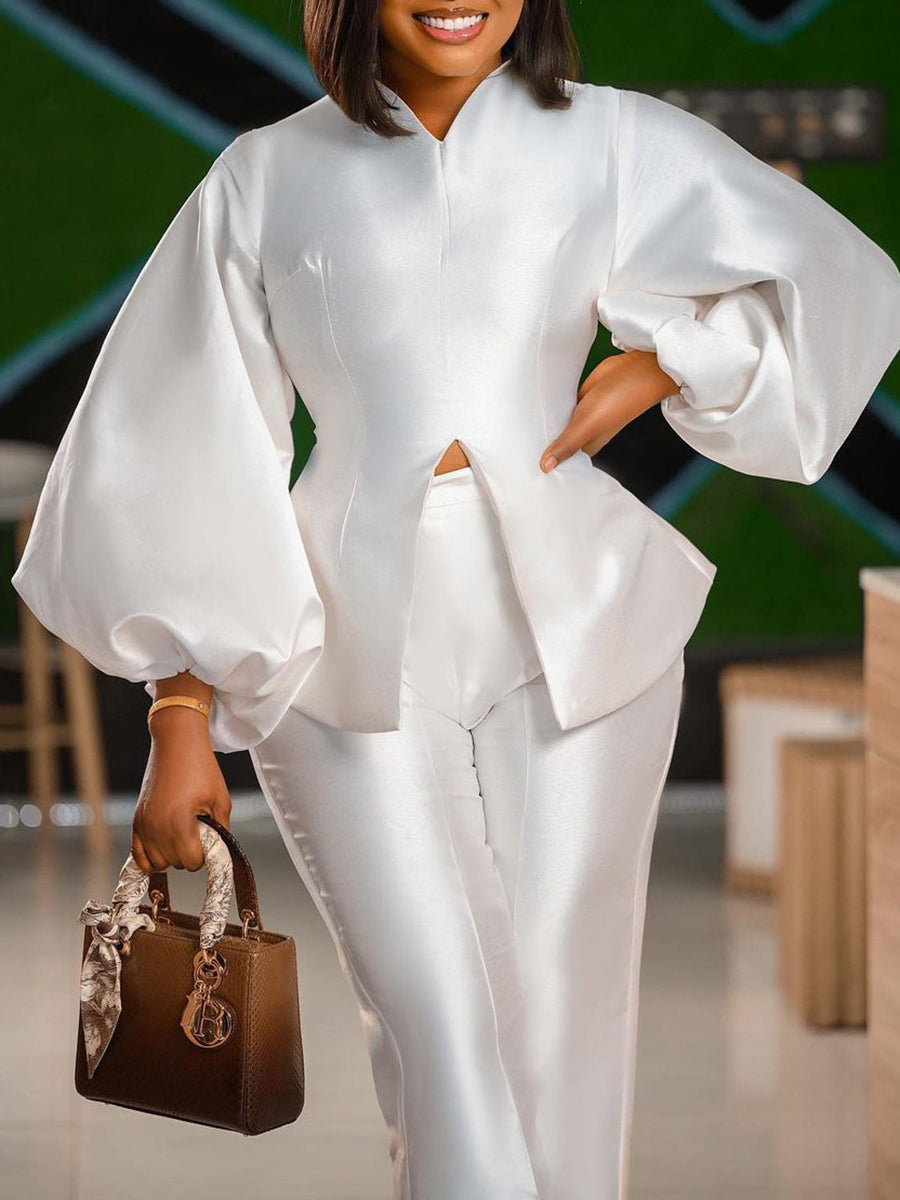 Puff Sleeve Slit Top Pants Set