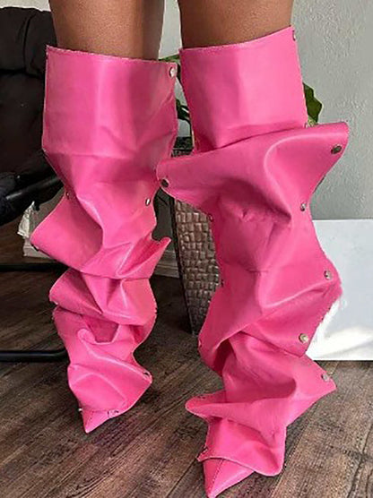 Studded Ruched Stacked Heel Long Boots