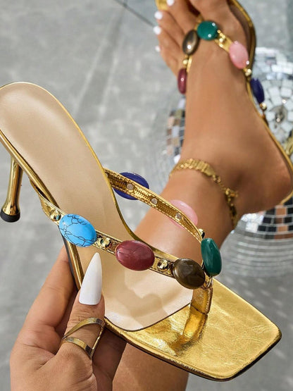 Gemstone Thong Strappy Stiletto Heels