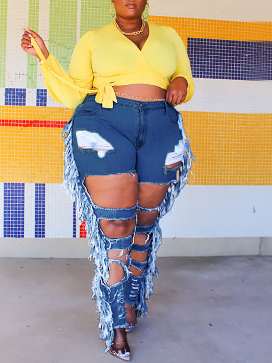 Plus Size Fringe Ripped Cutout Denim Jeans