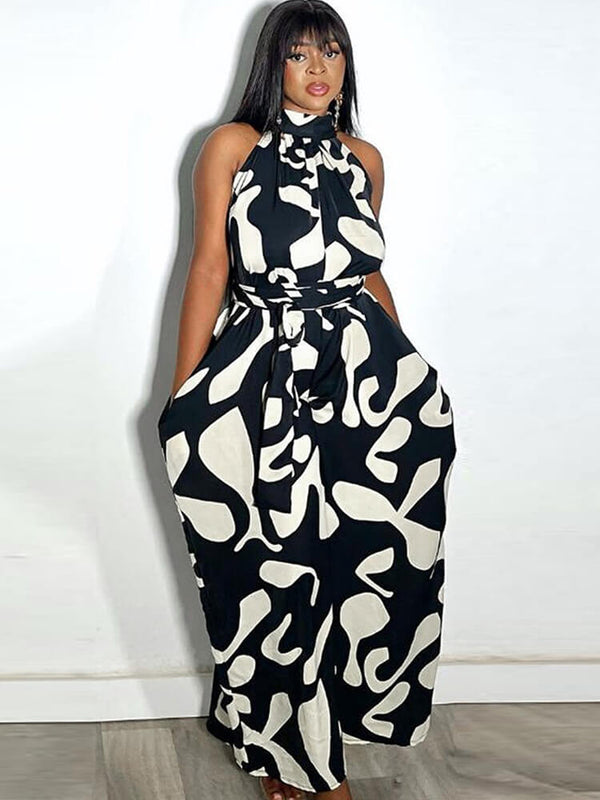 Sleeveless Printed Back-Zip Wide-Leg Jumpsuit