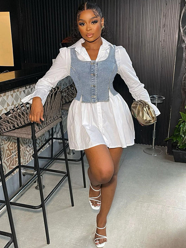 Denim Vest Flared Sleeve Mini Shirt Dress Set