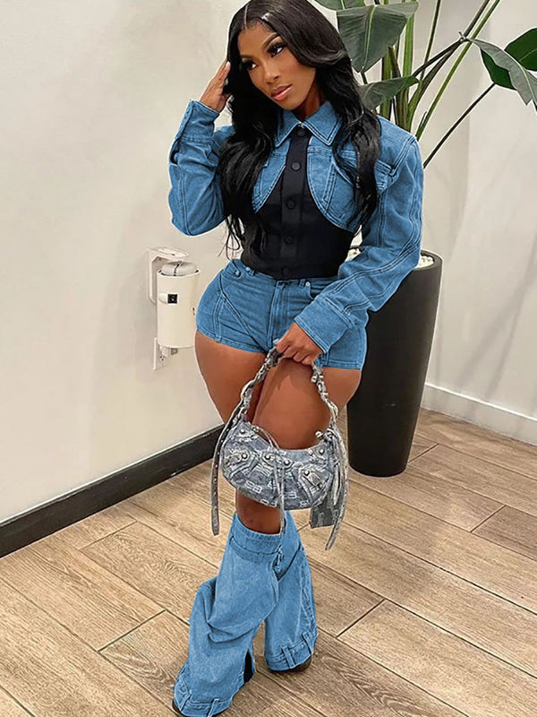 Denim Patchwork Elastic Shorts Two-Piece Set