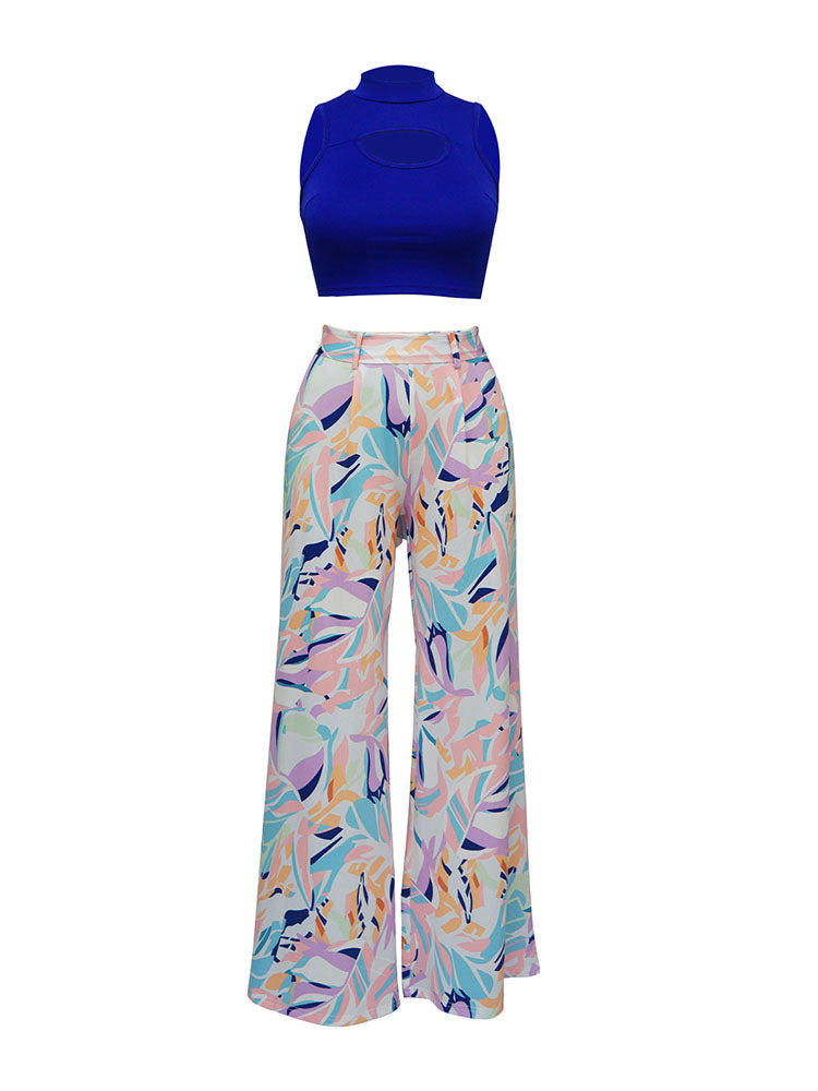 Two Piece Crop Top Floral Print Long Pants
