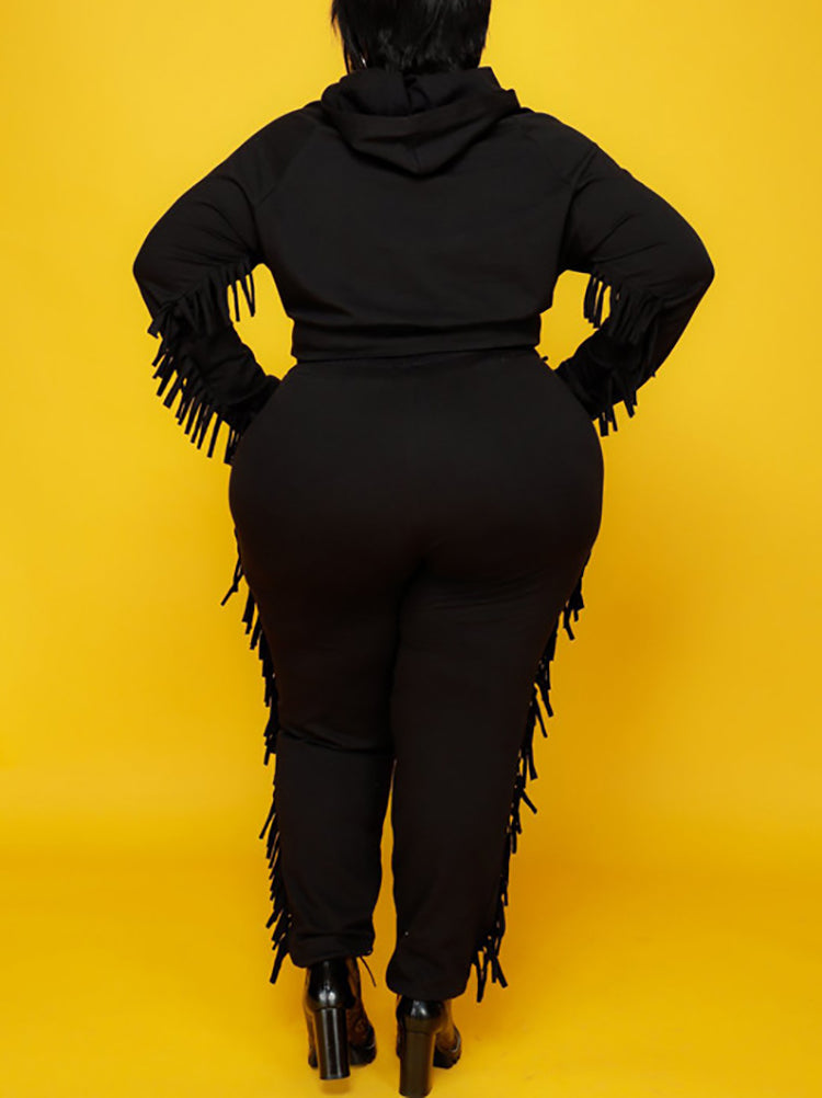 Two Pieces Plus Size Fringe Hooded Tracksuit