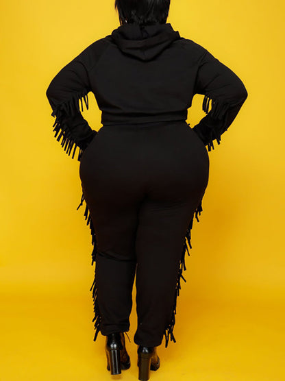 Two Pieces Plus Size Fringe Hooded Tracksuit