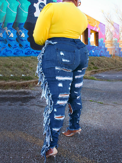 Plus Size Fringe Ripped Cutout Denim Jeans