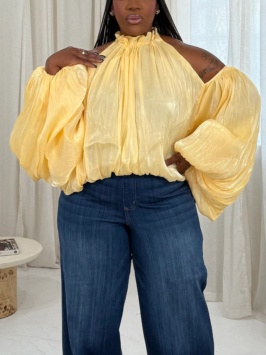 Off Shoulder Organza Lantern Sleeve Blouse