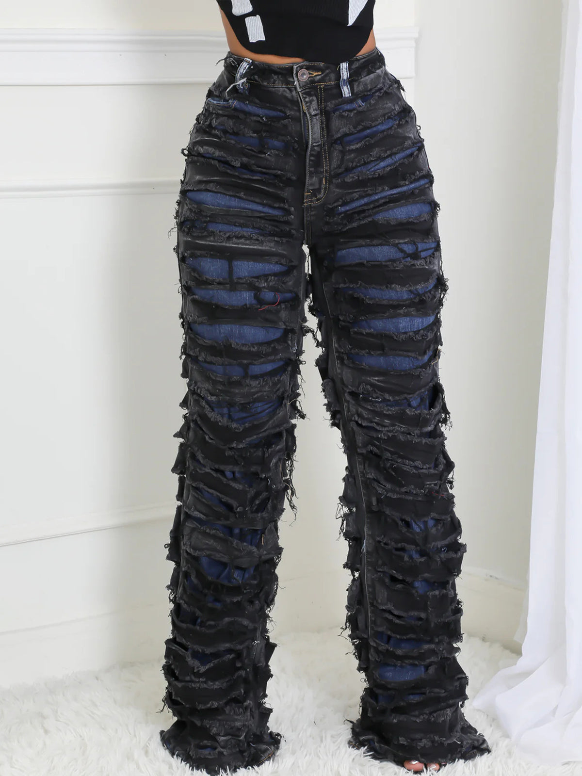 High Waist Distressed Layered Denim Pants