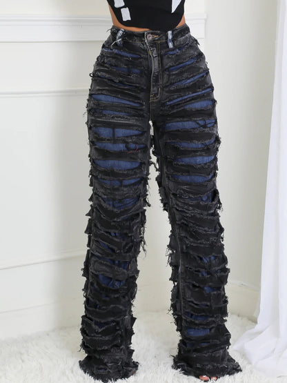 High Waist Distressed Layered Denim Pants