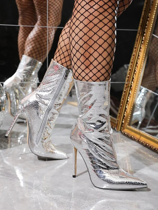 Metallic Pointed Toe Stiletto Ankle Boots