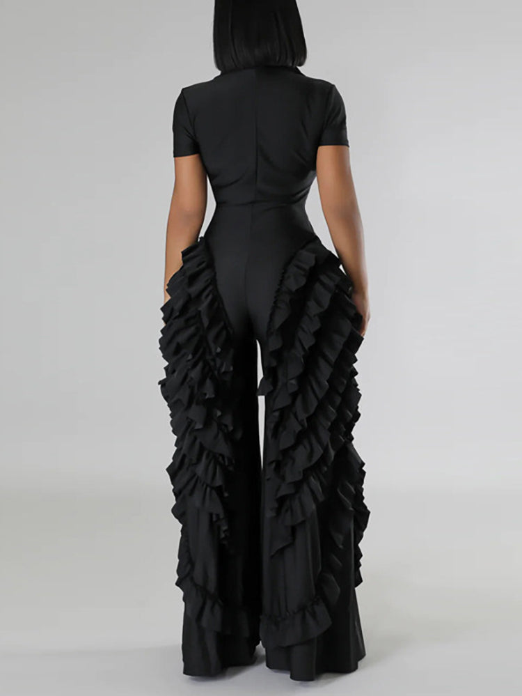 Two Pieces Short Sleeve Ruffle Trim Jumpsuit