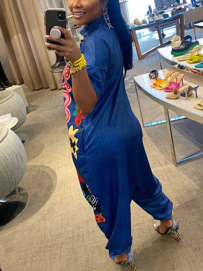 Graffiti Print Button Wide Leg Jumpsuit