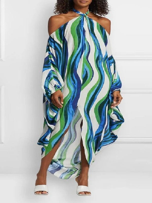 Colorful Striped Sexy Halter Neck Tie Maxi Dress