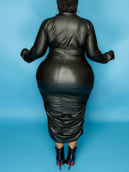 Plus Size Long Sleeve Zipper PU Dress