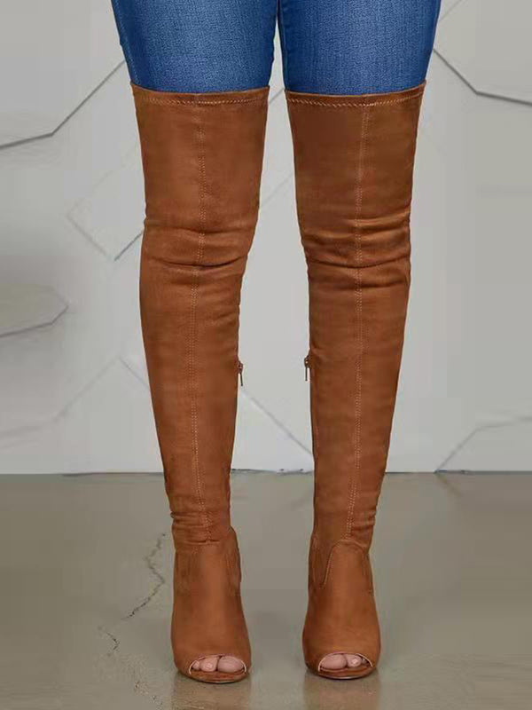 Open-Toe Side Zipper Suede Knee-High Boots